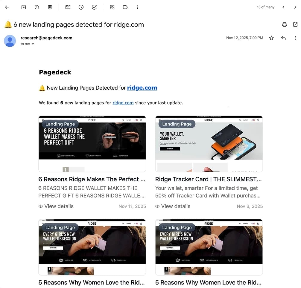 Email alert from Pagedeck showing 6 new landing pages detected for ridge.com