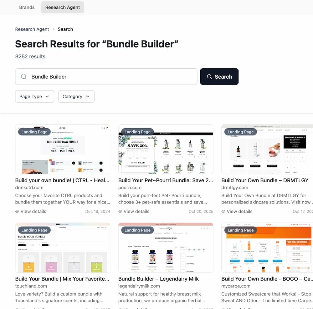 Research Agent search results for “Bundle Builder” showing matching landing pages