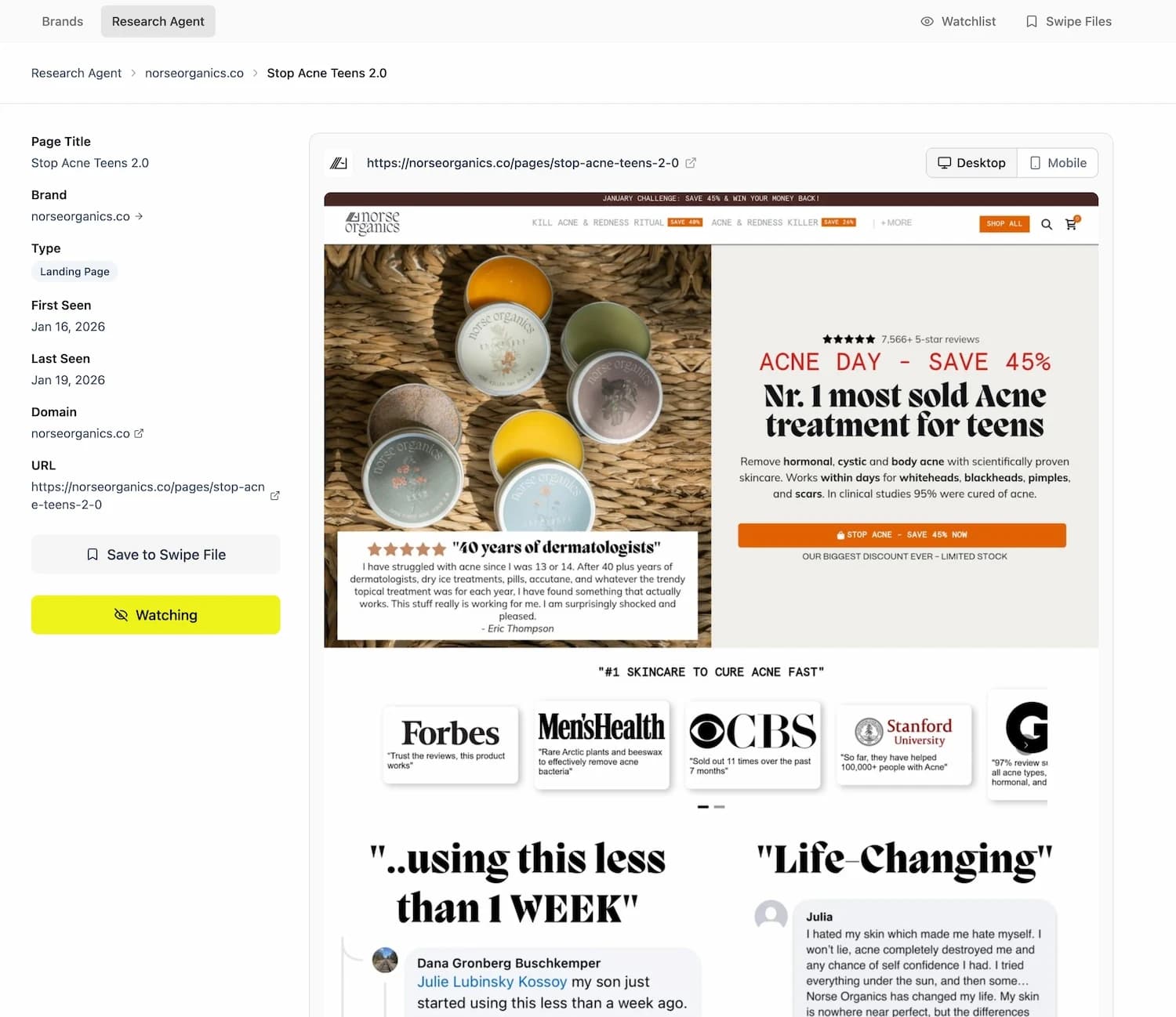 Research Agent brand detail view of a norseorganics.co landing page and its ad traffic