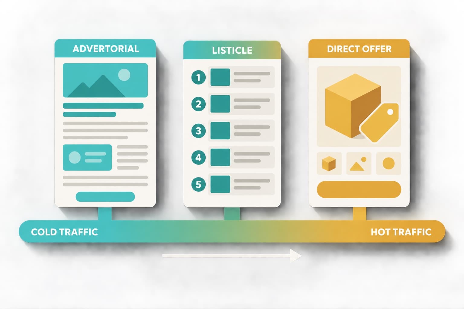 Flat vector illustration of landing page examples arranged by traffic temperature, from cold advertorial to hot direct offer
